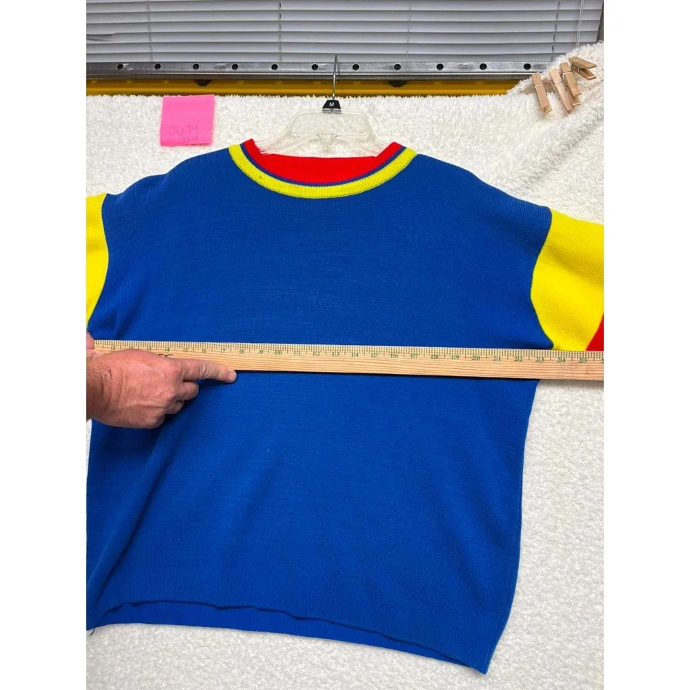 Vintage Color Block Knit Sweater Blue Yellow Red Striped Crewneck Mens XL